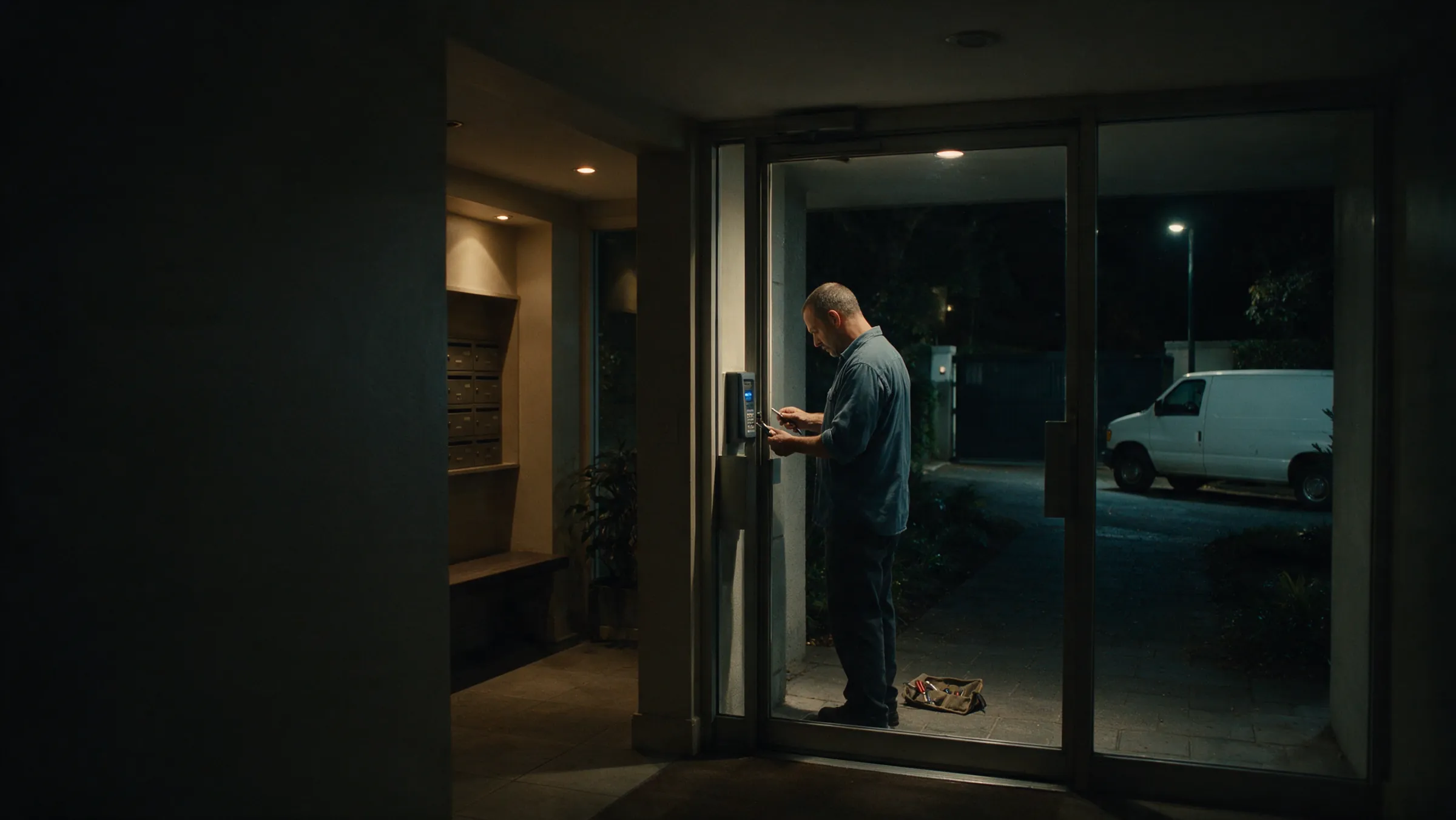 A locksmith at night at the lit lobby door of a Sunnyvale apartment building, working the keypad reader beside the mailboxes, tool bag at his feet and a white van under a streetlight outside