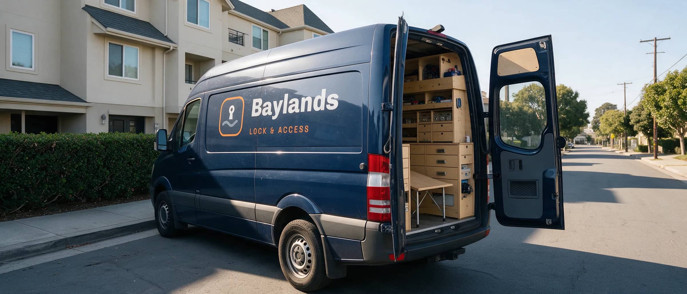 Baylands Lock & Access van on a Sunnyvale street with the rear doors open